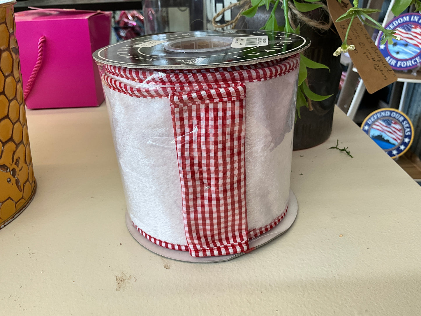 Double sided Ivory ribbon small red checks - CancreekDesigns