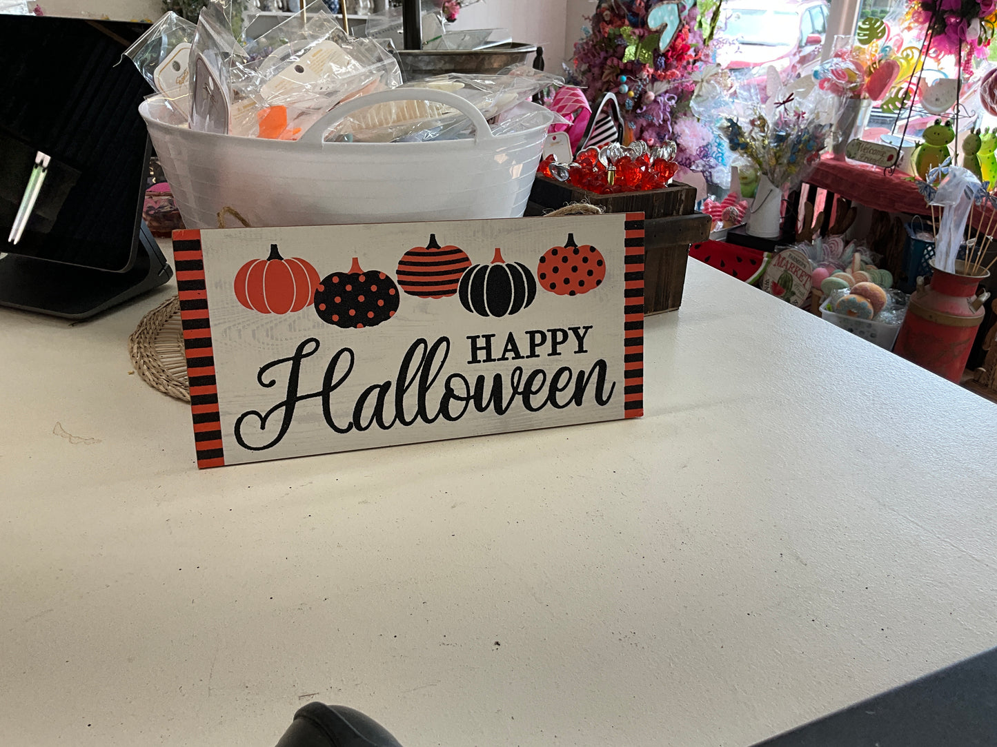 Happy Halloween black and orange pumpkin wooden sign