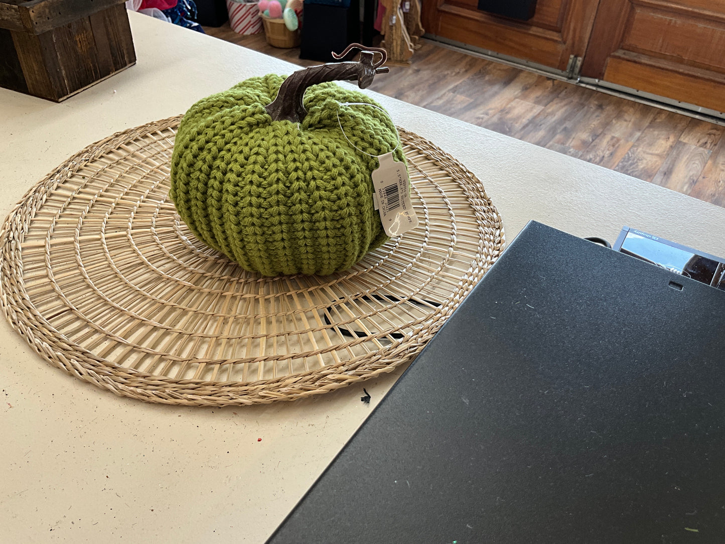 5.5 inches HX 6.6 inch D knitted pumpkin olive green