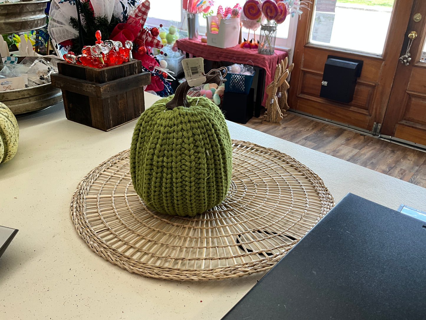 7.5”HX 5.1”D knitted pumpkin olive green