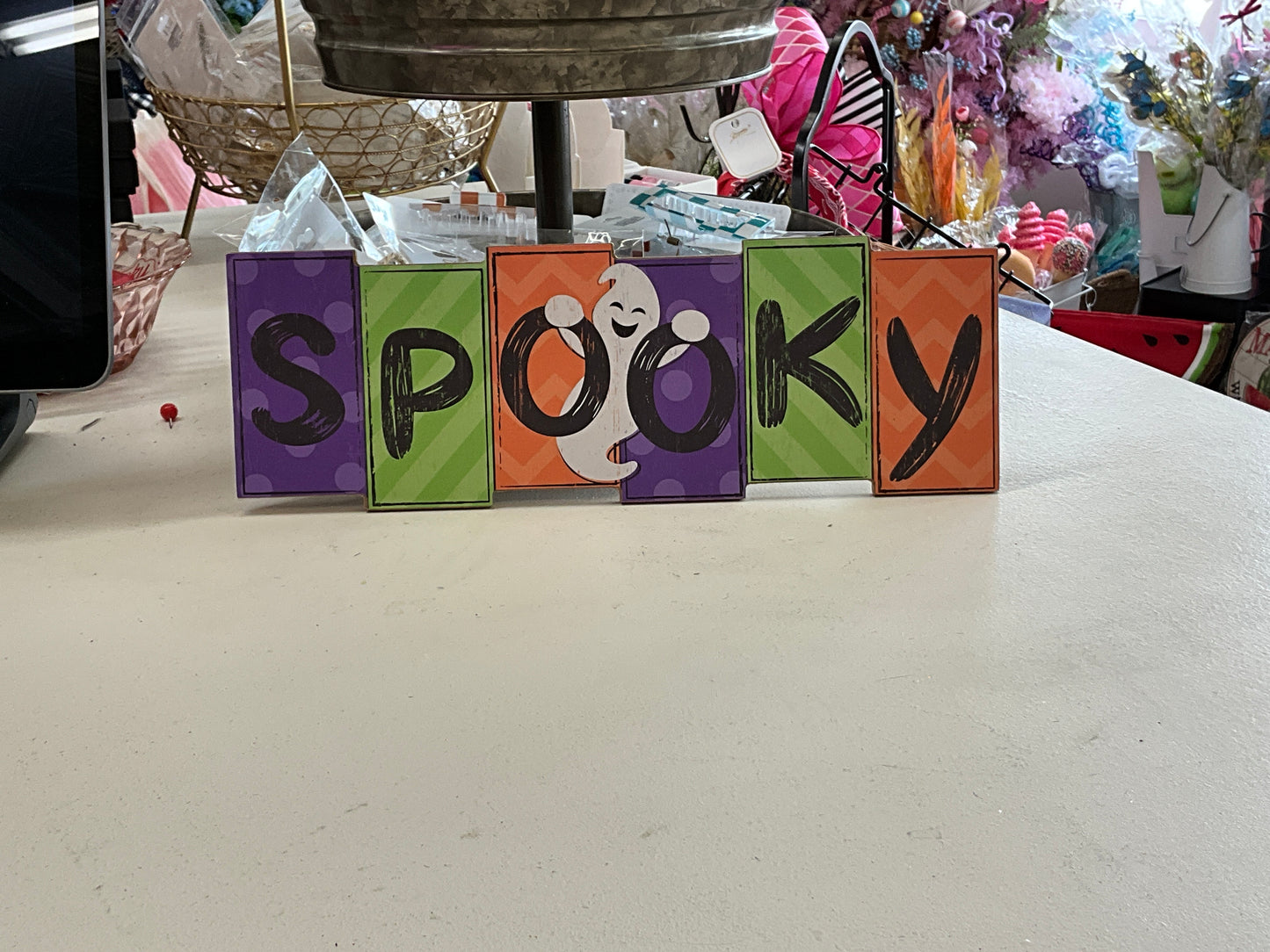 Multicolor, spooky ghost sign wooden