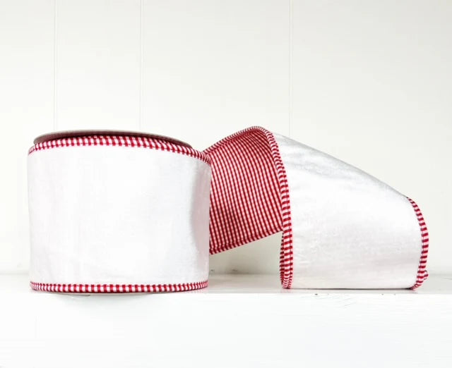 Red and White Mini Check Trim Double Sided Tafetta and White Velvet Wired Ribbon 4" x 5Y - CancreekDesigns