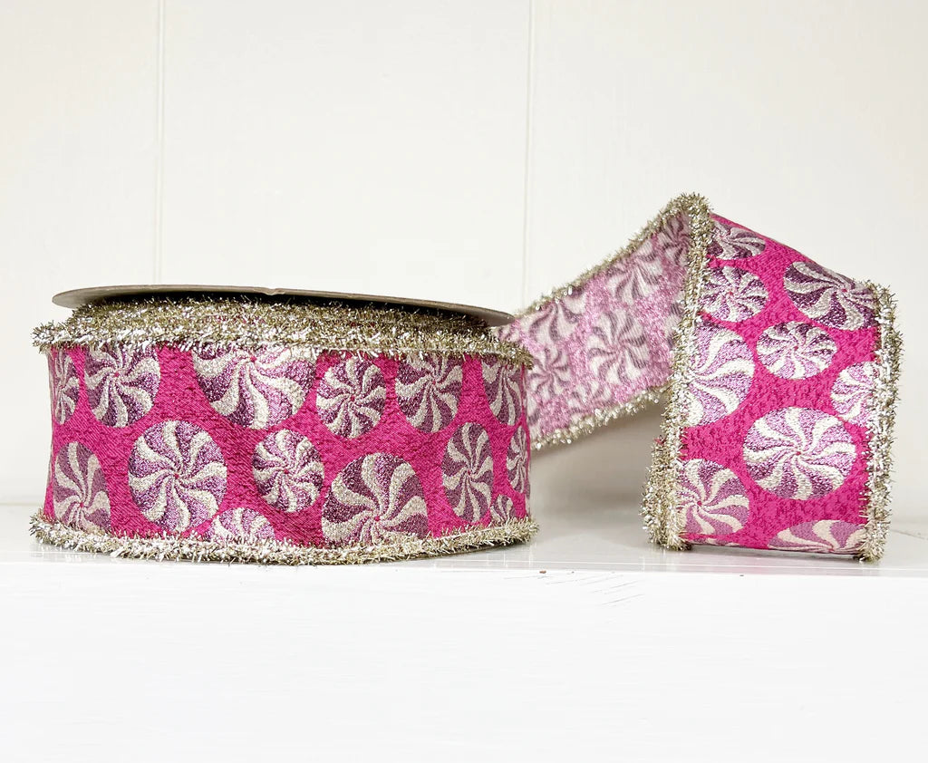 A Sweet Pink Peppermint Jacquard Ribbon with Silver Tinsel Edging 2.5"x10Y - CancreekDesigns