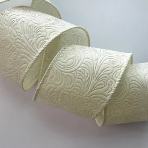 Wired Ivory Floral Embossed Ribbon - CancreekDesigns