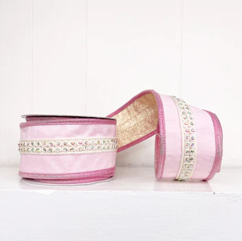 A Sweet Pink Jewel Trim on Dupioni Wired Ribbon with Iridescent Piping and Backing2.5" x 5Y - CancreekDesigns