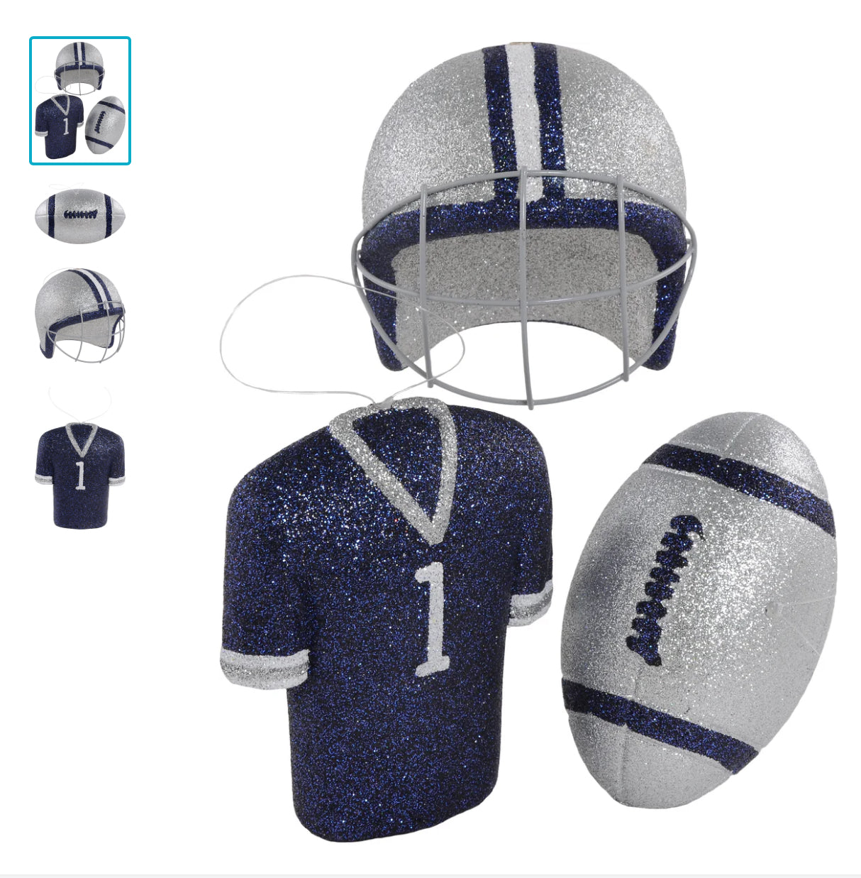 Glitter Football Ornament Assortment: Silver & Navy Blue (Set of 3) - CancreekDesigns