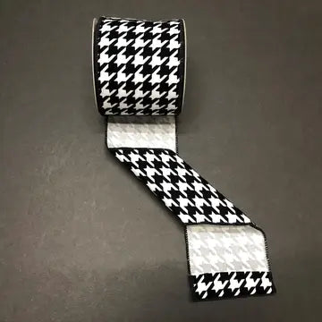 White Satin/Black Flocked Houndstooth 4/10Y Ribbon - CancreekDesigns