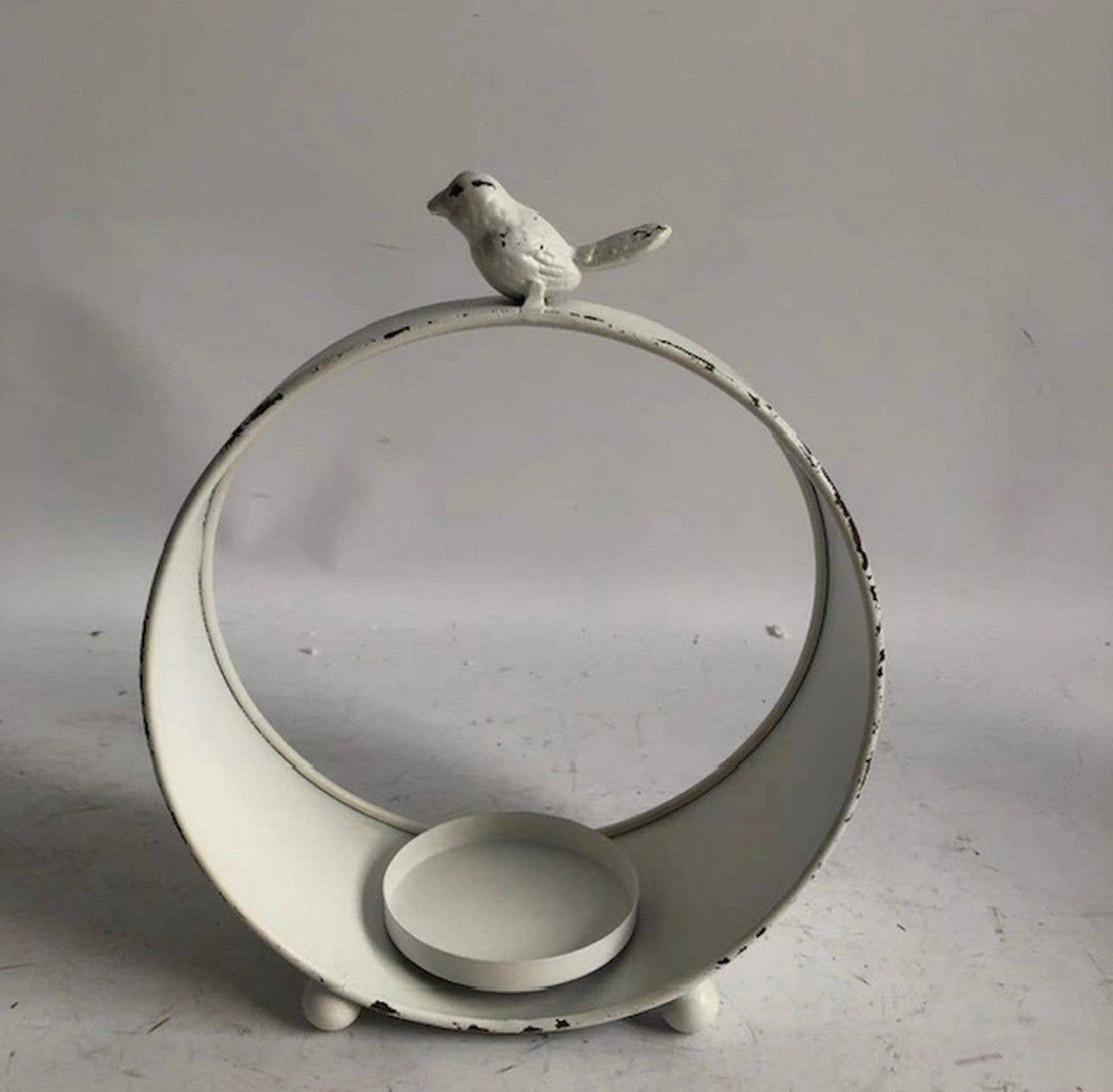 White Distressed Bird Pillar Round Candle Holder