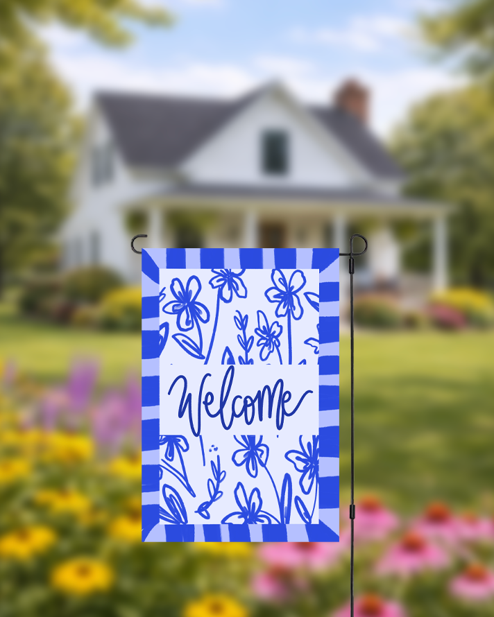 Blue And White Welcome Floral Garden Flag