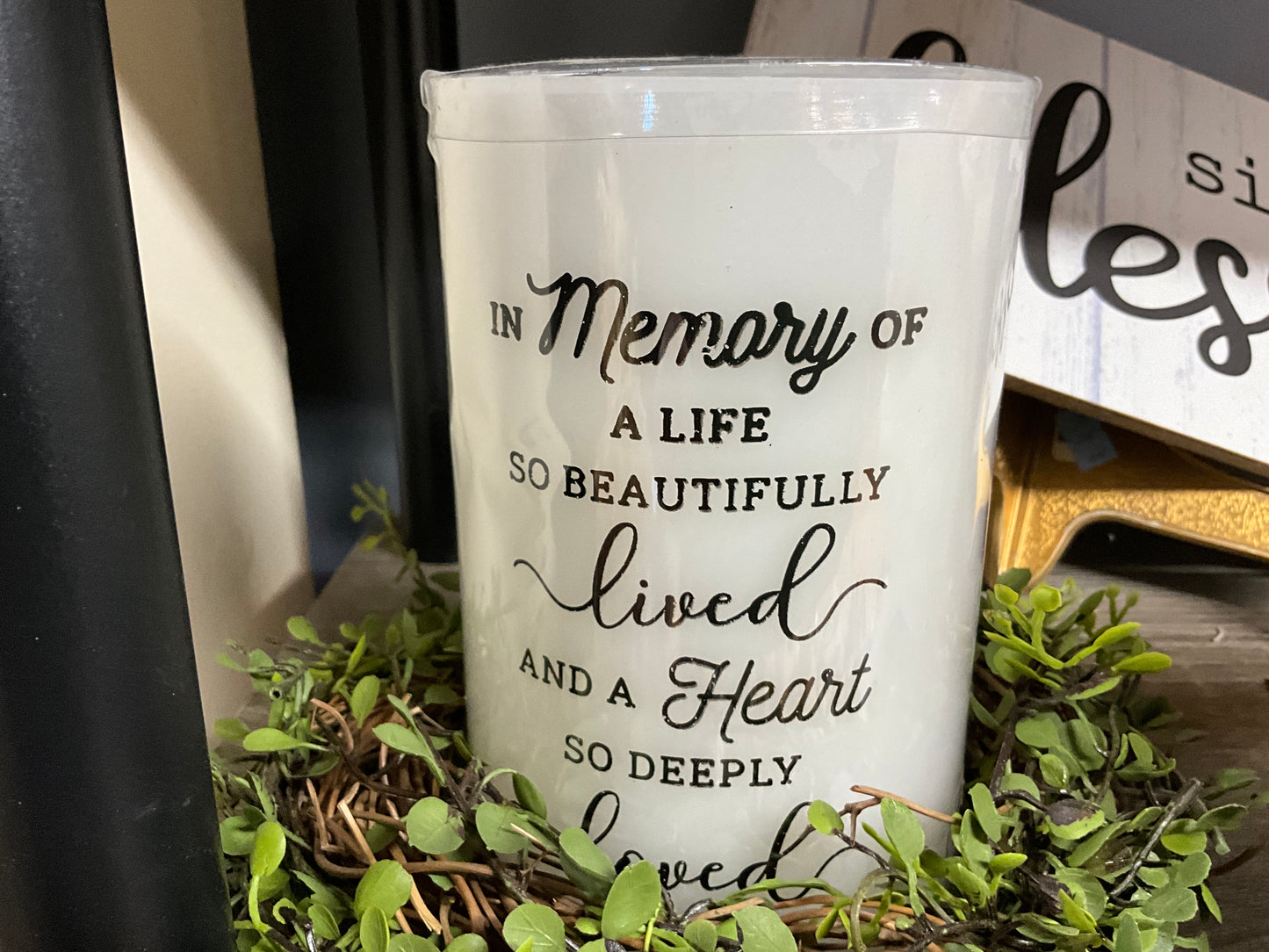 "In Memory" flameless candle 6" H x 4" Dia - CancreekDesigns