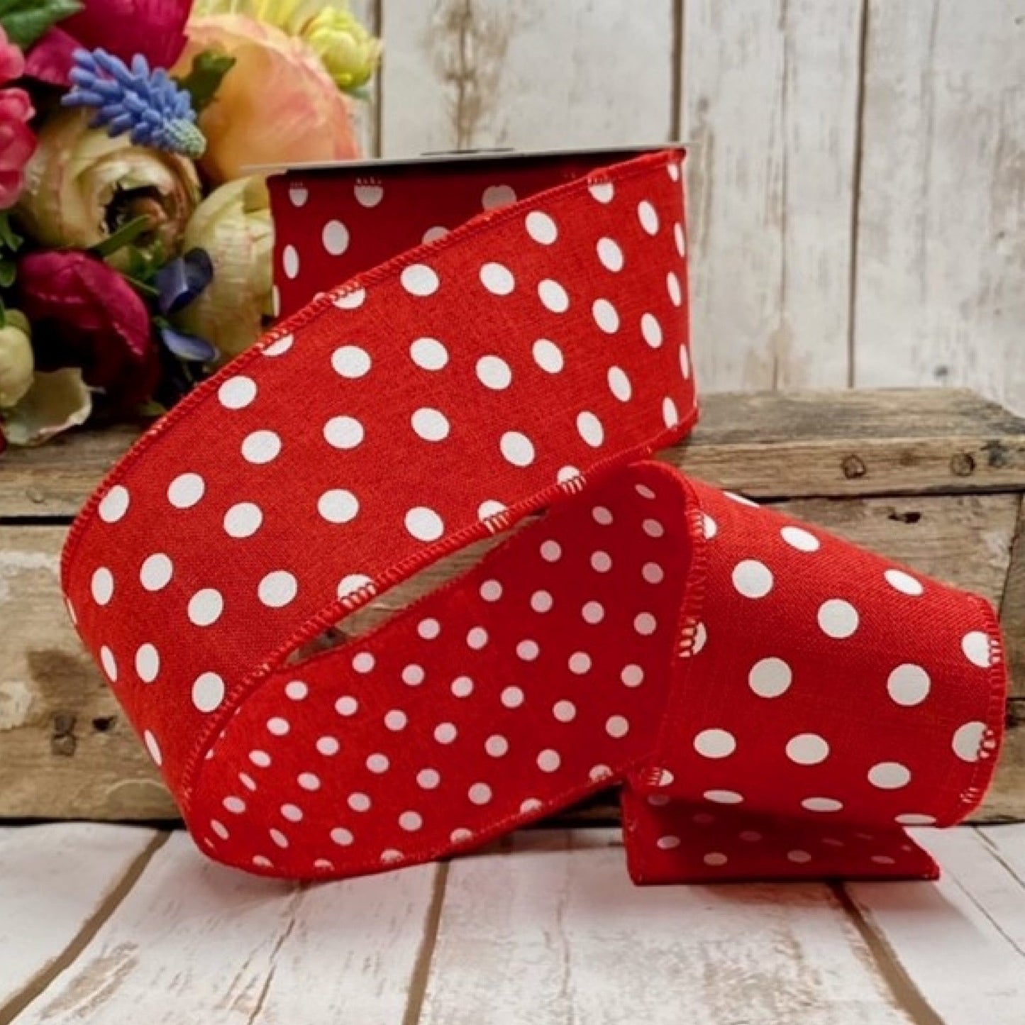 2.5" x 10yds faux linen large white dots, small white dots backing, red - CancreekDesigns