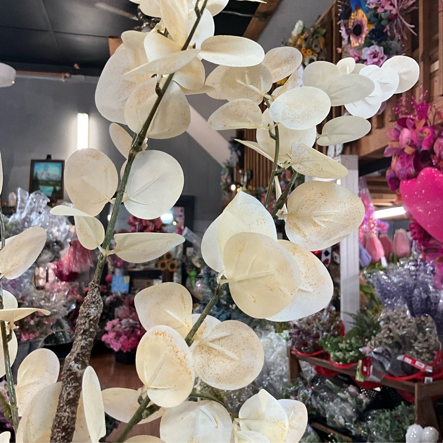 Blanched eucalyptus spray 35”; cream color - CancreekDesigns