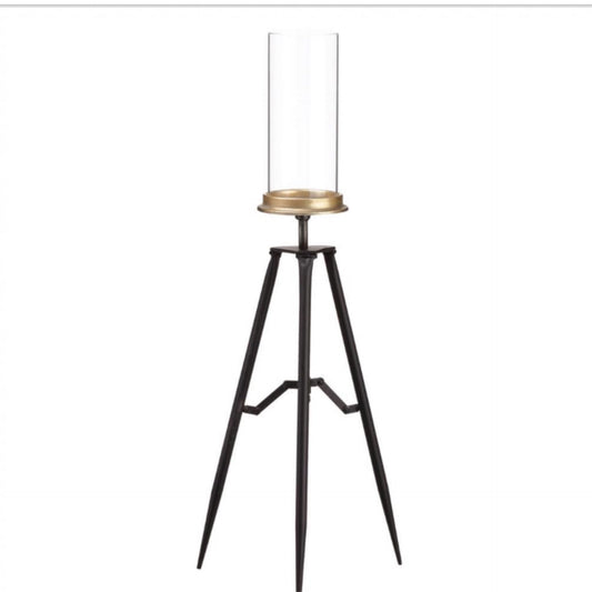 30.75" Metal Candleholder With Glass Hurricane Black Gold - CancreekDesigns