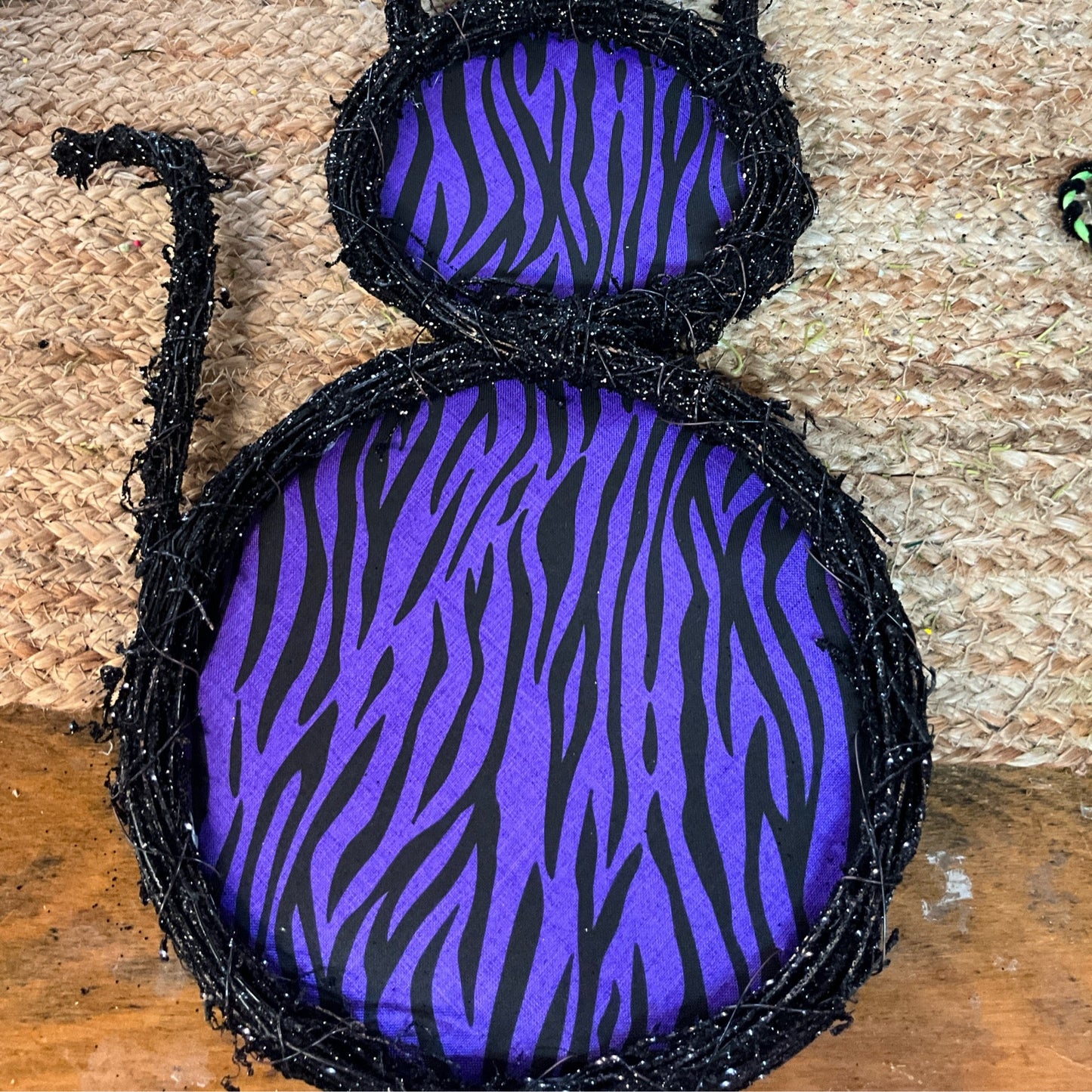 Cat shaped grapevine door hanger, purple/black tiger print - CancreekDesigns