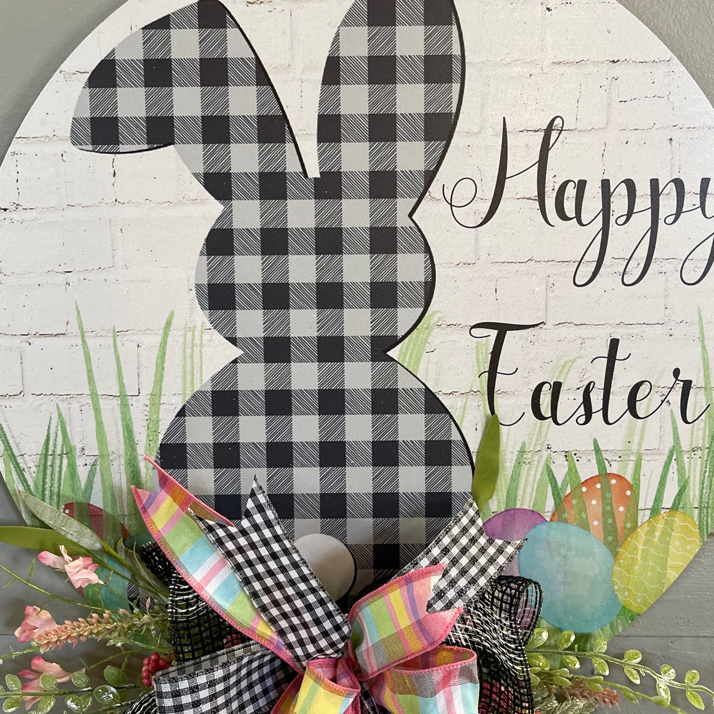 Black/white Bunny Happy Easter door hanger - CancreekDesigns