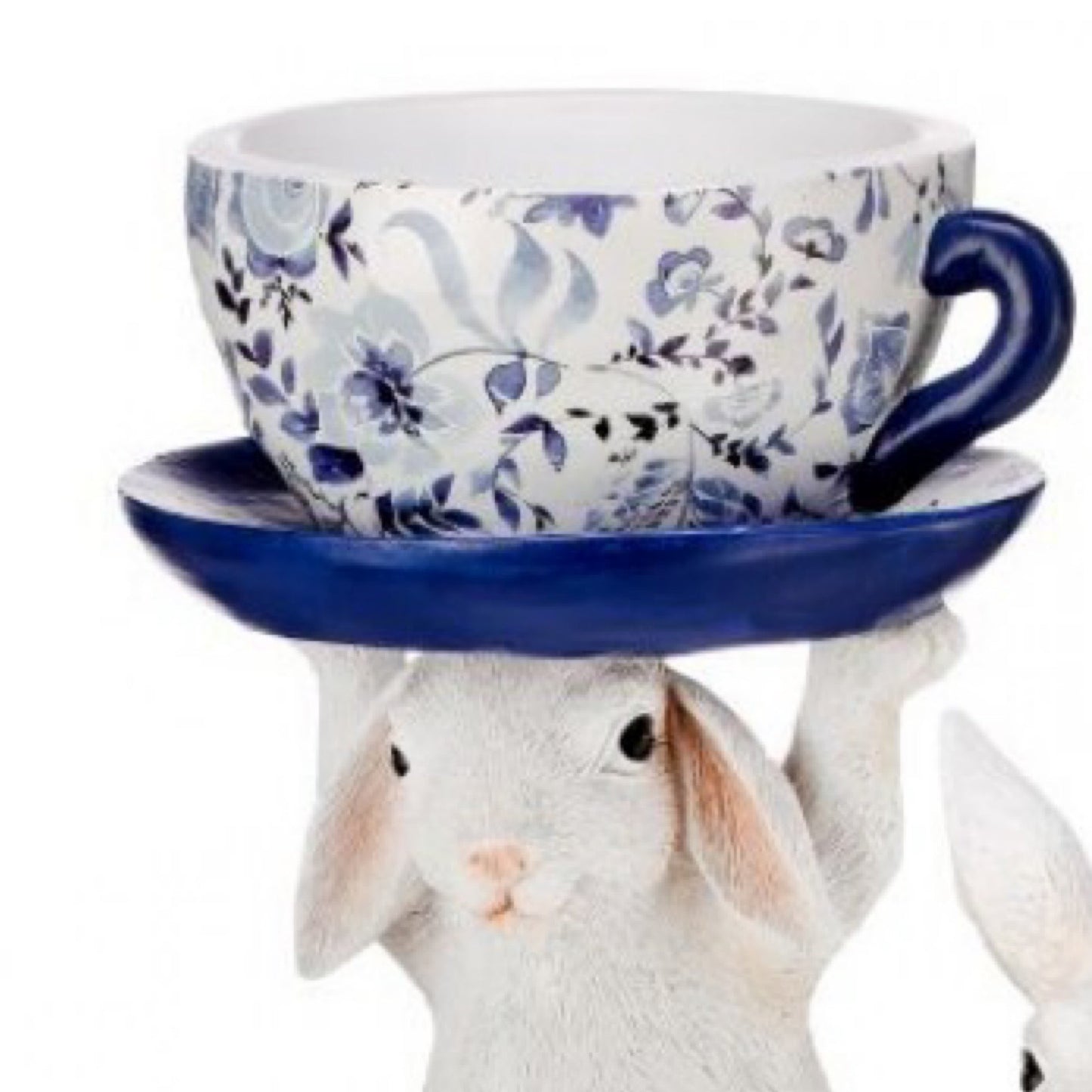 Resin bunny with tea cup 9.25” blue/white - CancreekDesigns