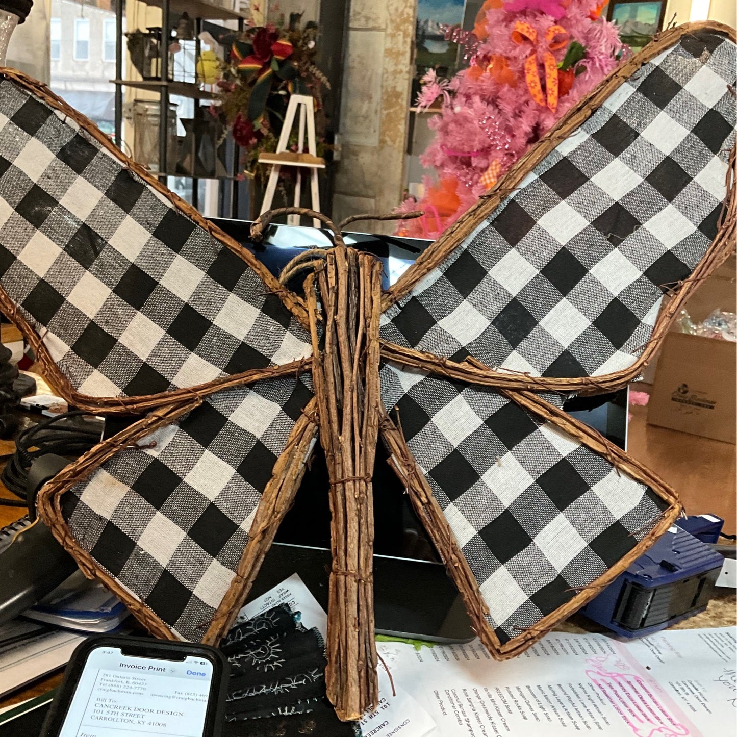 22” Fabric Butterfly with hanger, black/white buffalo check - CancreekDesigns