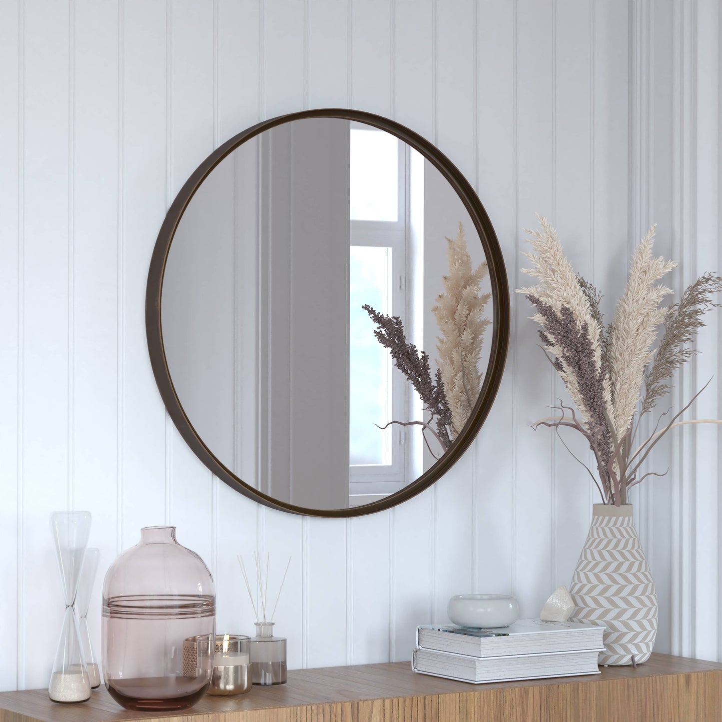 Flash Furniture - HBCY 27.5" Round Bronze Metal Framed Accent Wall Mirror: Brushed Bronze / 27.5" Round - CancreekDesigns