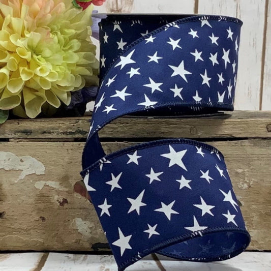 2.5" x 10yds linen white stars, navy blue - CancreekDesigns