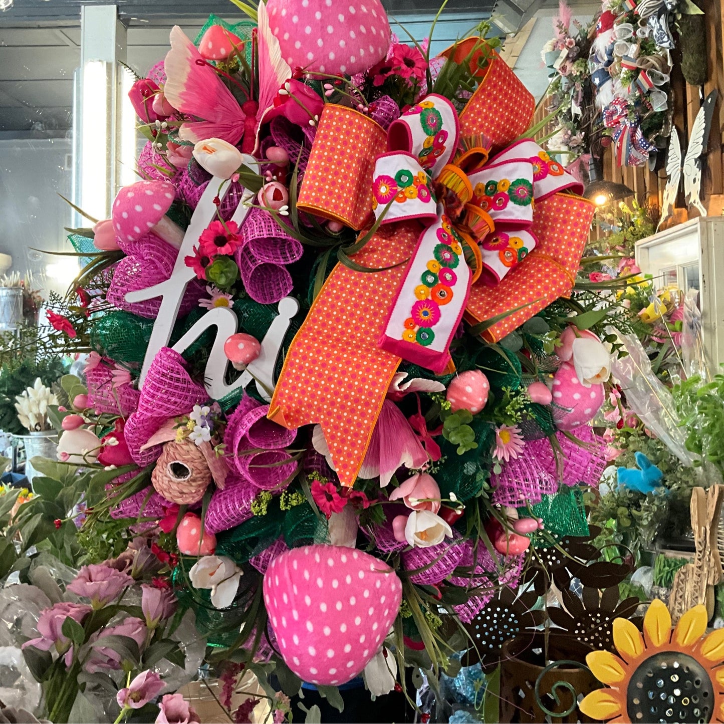 “hi” Pink/orange ribbon wreath - CancreekDesigns