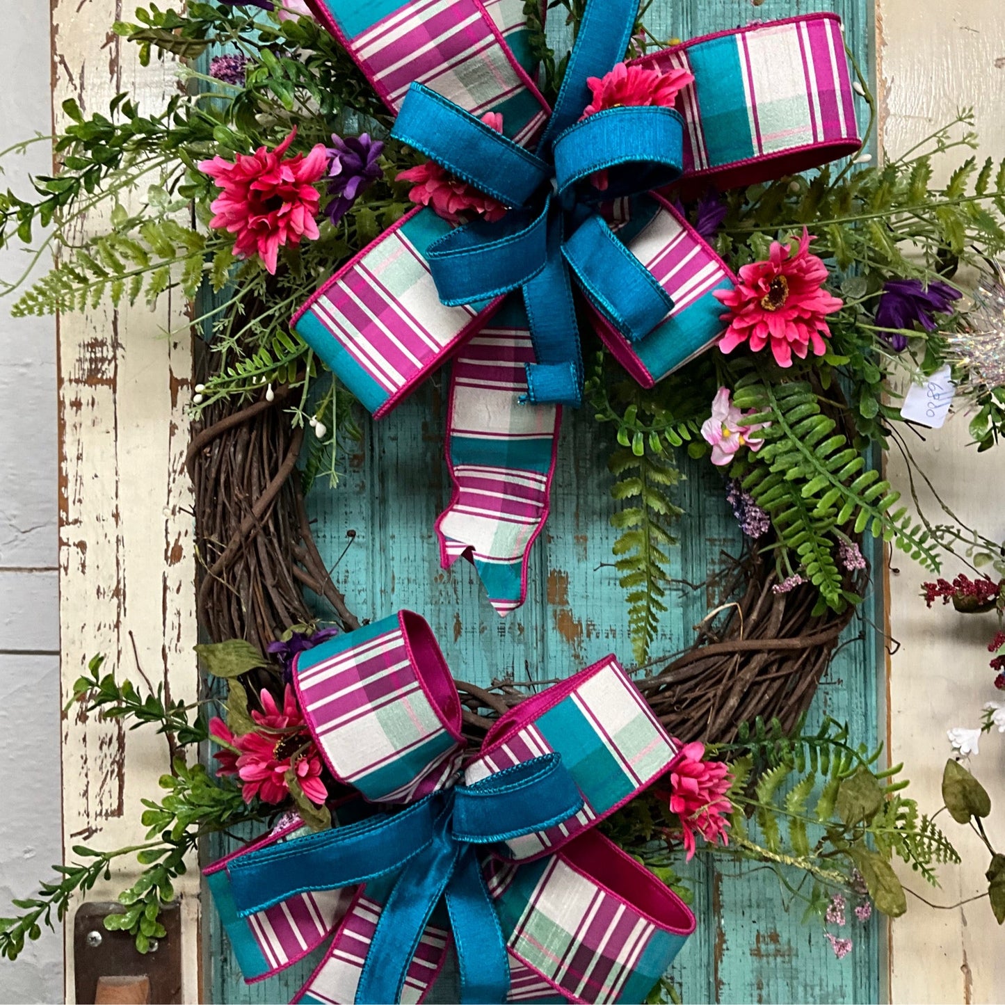 Pink and Teal grapevine wreath - CancreekDesigns