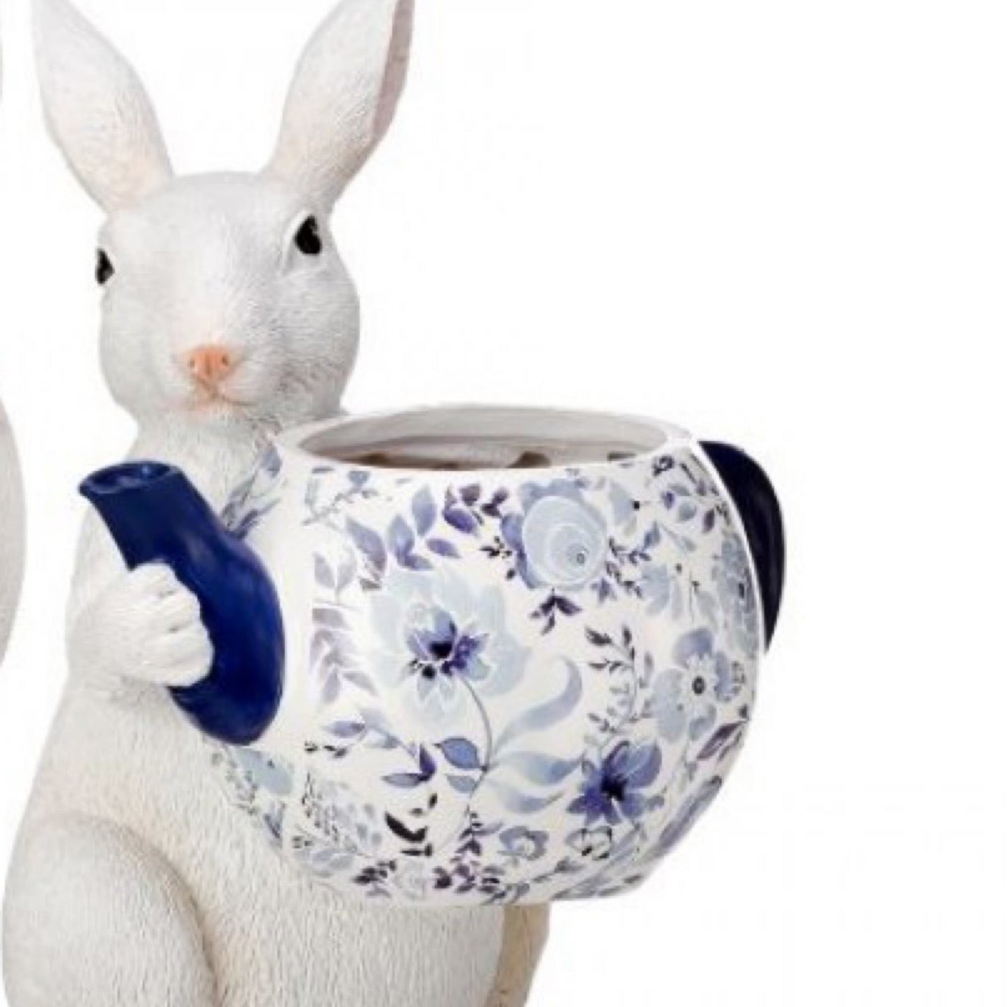 Resin bunny with teapot 8.75” blue/white - CancreekDesigns