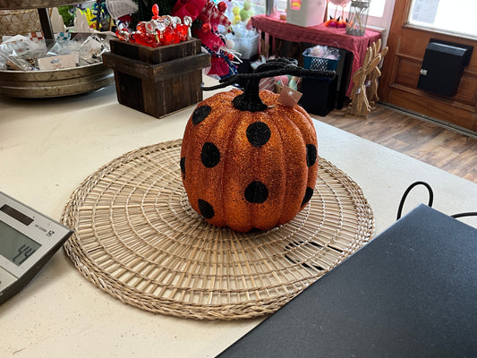 7”H x6”Dia glitter, orange /black polkadot pumpkin