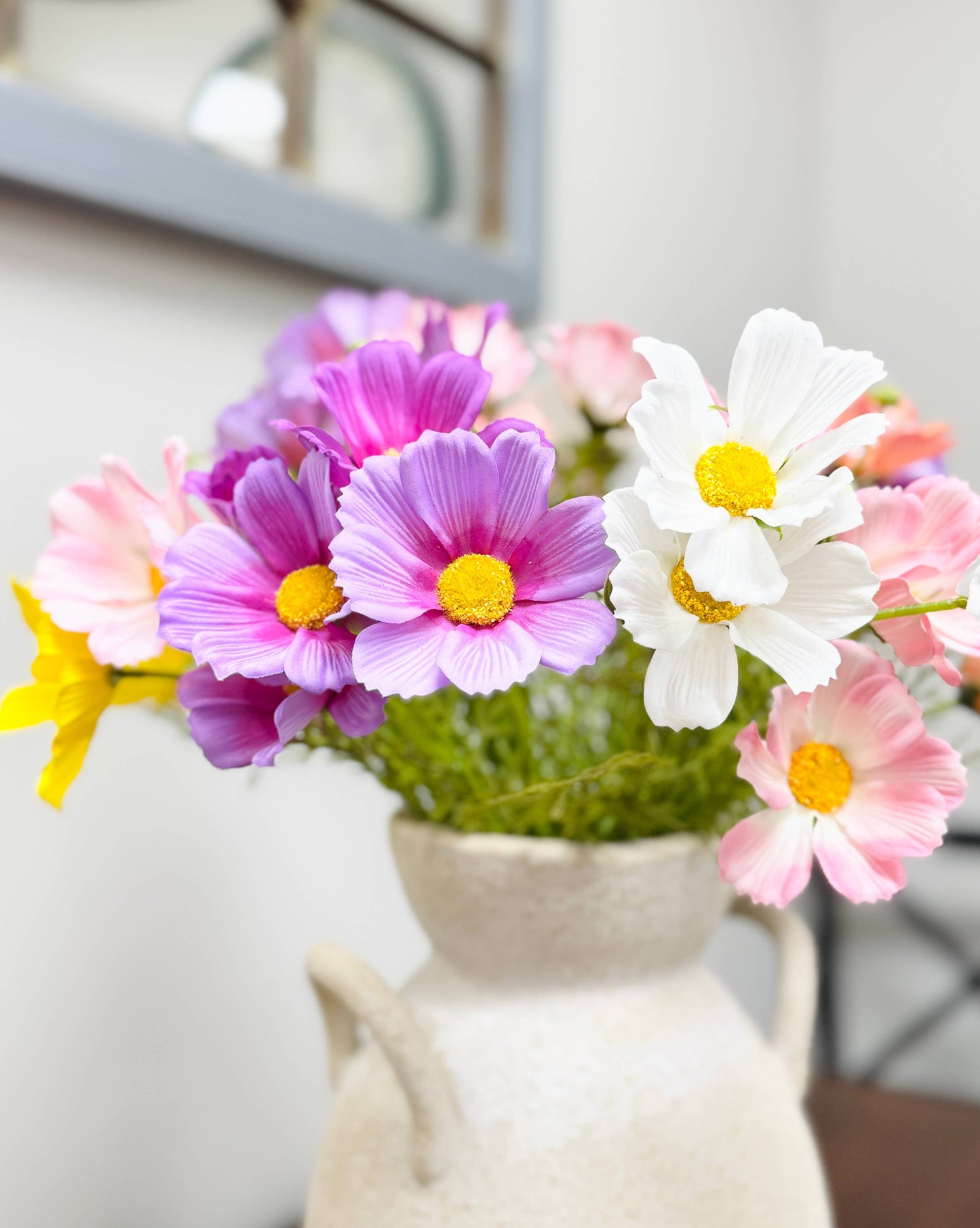 20" Real Touch Cosmos Flowers-vibrant lifelike colors: White with pink Trimmed