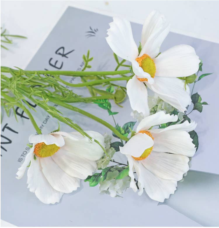 20" Real Touch Cosmos Flowers-vibrant lifelike colors: White with pink Trimmed