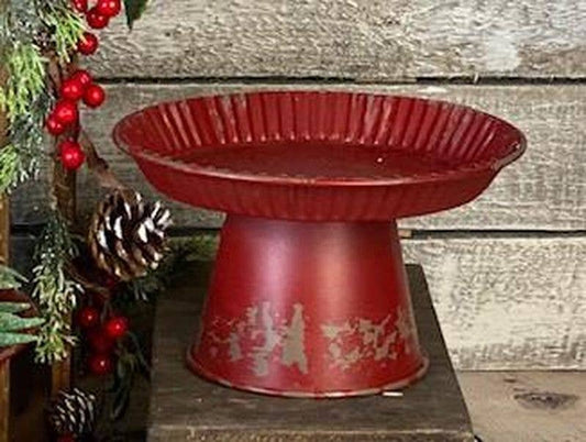 Red Distressed Metal Pie Pan Candle Stand - Small