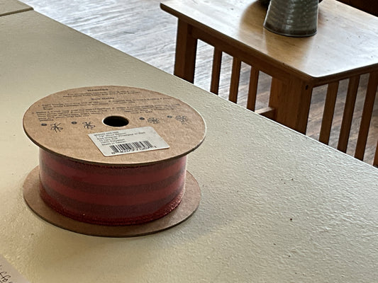 1 1/2” wired ribbon red glittered pinstripe on red 10 yard roll