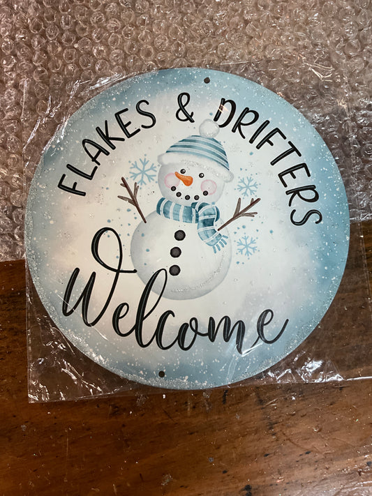 Metal Sign: Flakes & Drifters Welcome Snowman