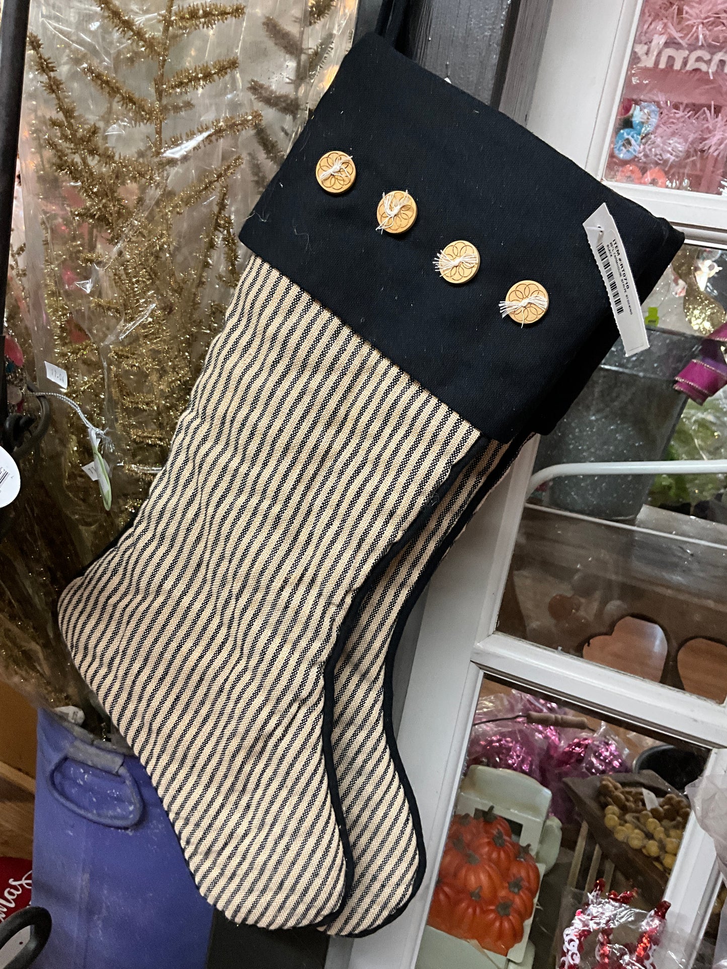 Christmas Stocking Black Striped with Buttons