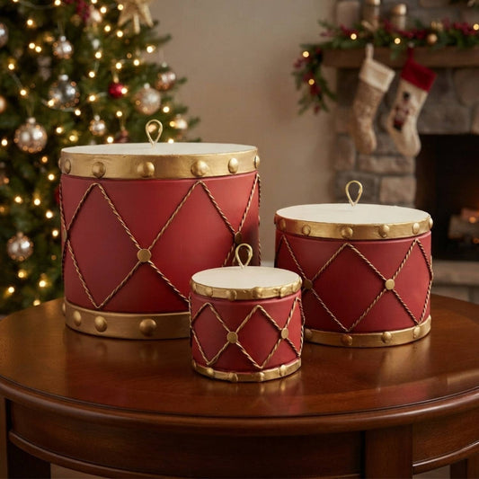 Metal Drum Ornament (set of 3) 10",7",4" - Red