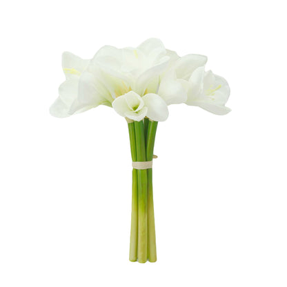 12" Real Touch faux Amaryllis-8 blooms 2 buds: White