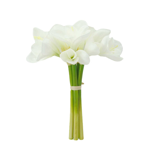 12" Real Touch faux Amaryllis-8 blooms 2 buds: White