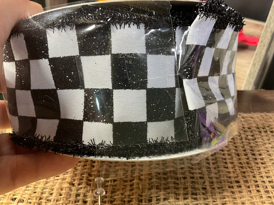 black and white 2.5" X 10yd Glitter Check/Tinsel