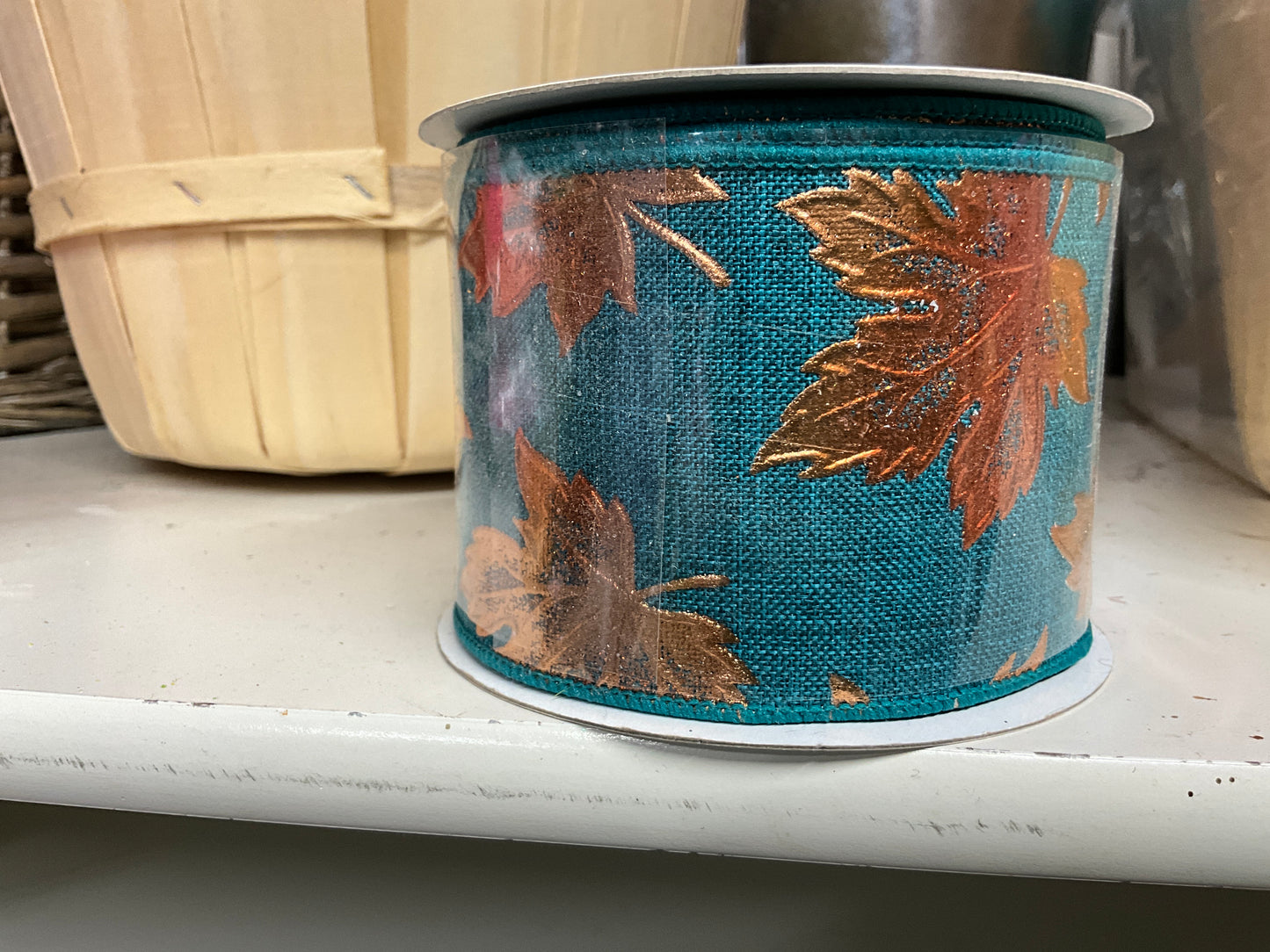 Teal Ribbon With Gold Maple Leaf Pattern