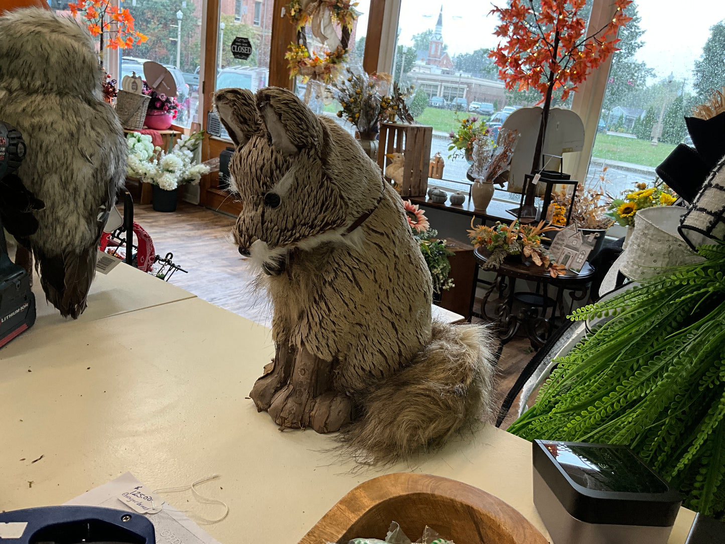 12” sitting fur fox w/leather bow & bell