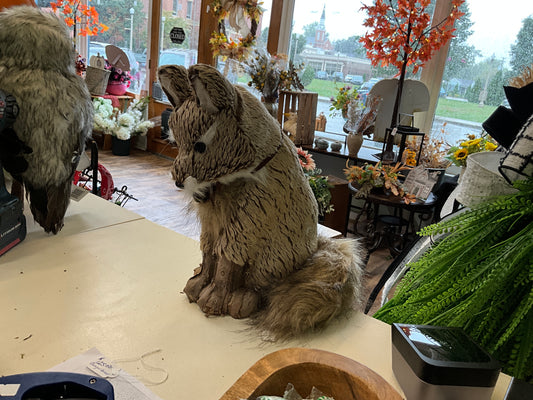 12” sitting fur fox w/leather bow & bell