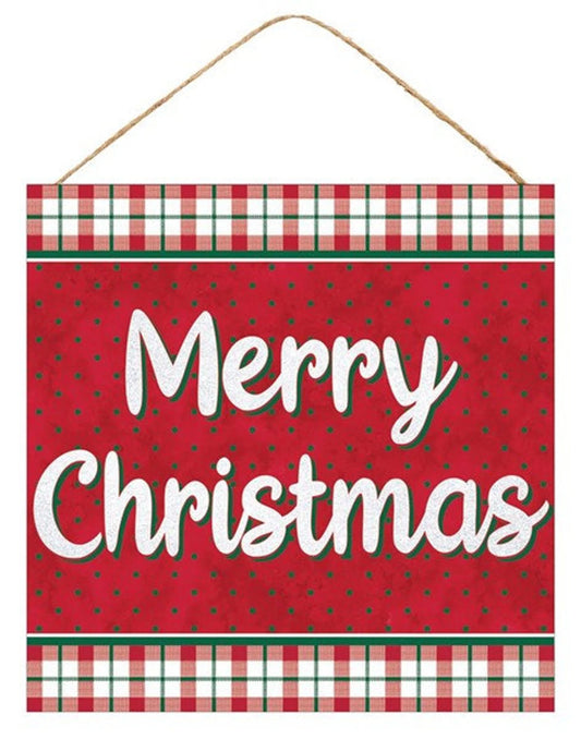 Red & Green Plaid Square Wooden Sign: Merry Christmas -