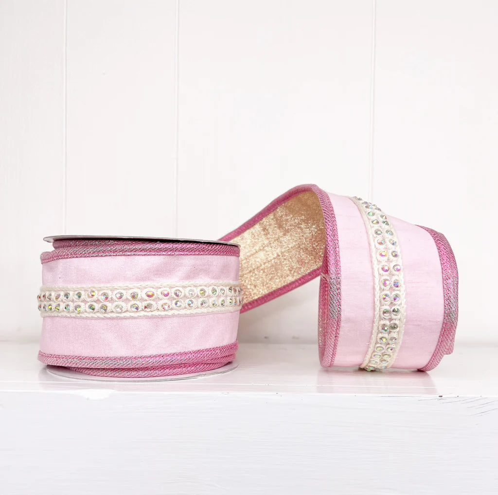 A Sweet Pink Jewel Trim on Dupioni Wired Ribbon with Iridescent Piping and Backing2.5" x 5Y