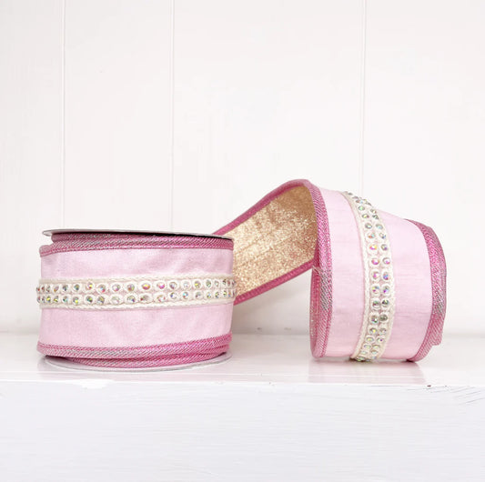 A Sweet Pink Jewel Trim on Dupioni Wired Ribbon with Iridescent Piping and Backing2.5" x 5Y