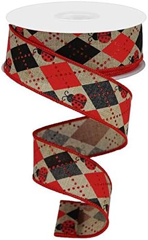 Wired Ribbon Light Beige Red Black Argyle Ladybugs on Royal 1.5"X10 Yards for Wreaths