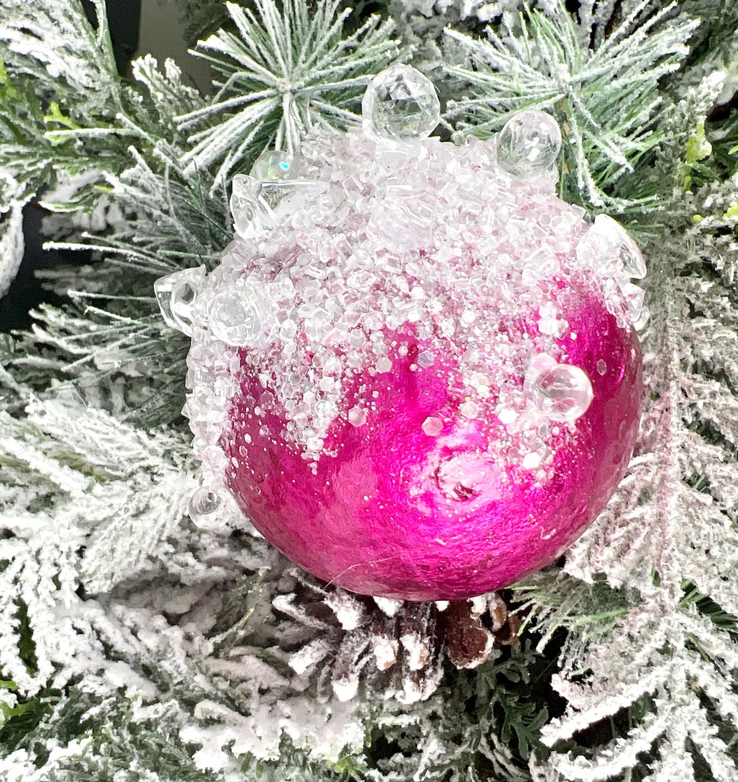 Hot Pink Jeweled Ornament - Luxurious Pink Christmas Decor - Iced Pink Ball Tree Decoration