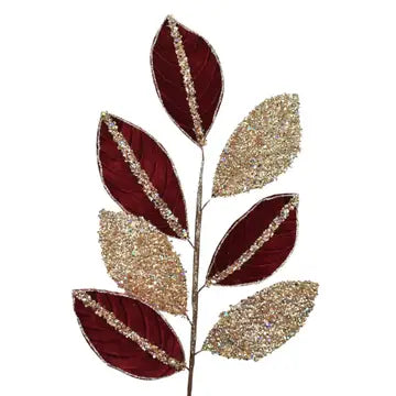 27” Fantasy Sequined Velvet Leaf Spray -Deep Red