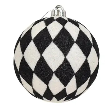 David Christopher's Collection - 4” Black / White Harlequin Print Glitter Ball Ornament