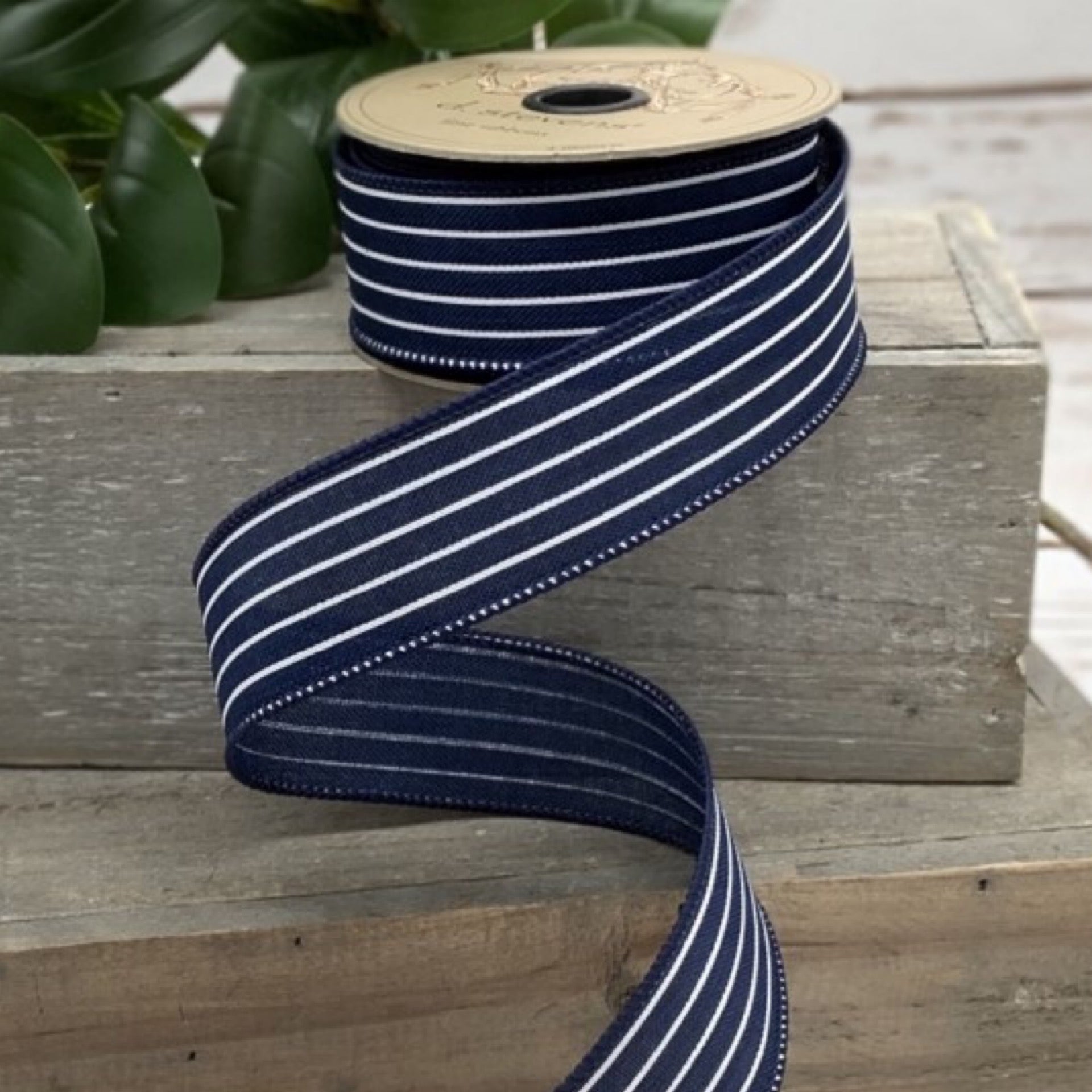 1.5" x 10yds faux linen, mini stripe, navy-white - CancreekDesigns