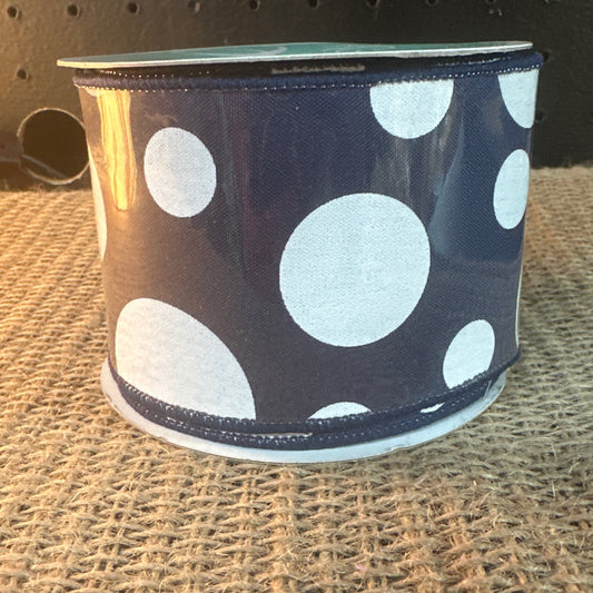 Giant Two Size Polka Dot Wired Edge Ribbon Navy /White - CancreekDesigns