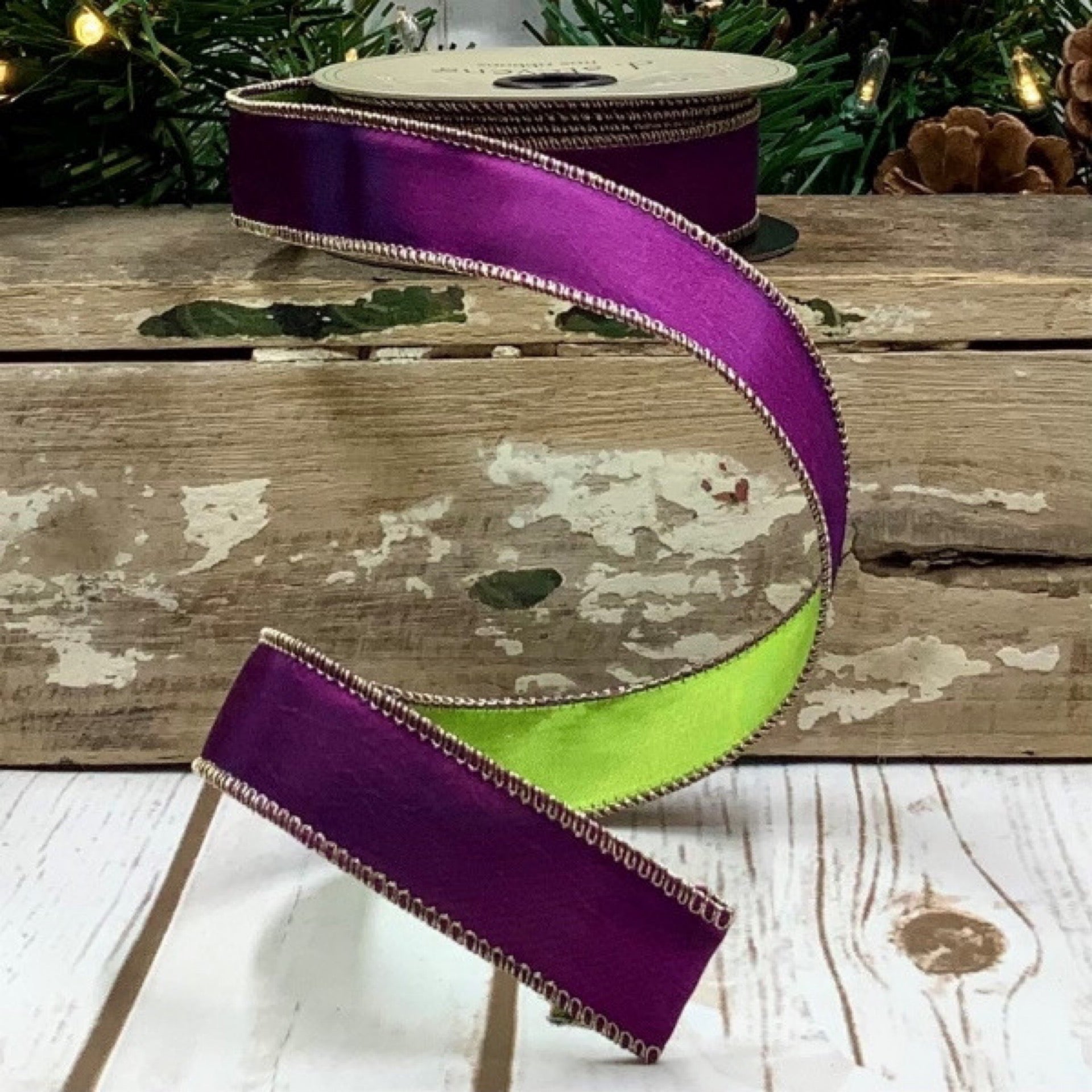 1" x 10yds taffeta double side, apple green/purple - CancreekDesigns